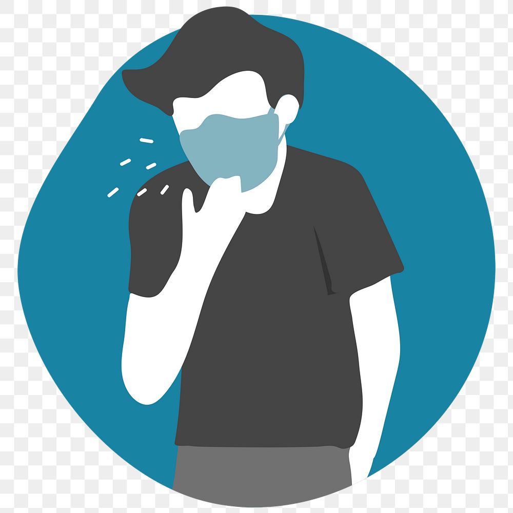 Man infected with covid 19 virus coughing behind a mask transparent png