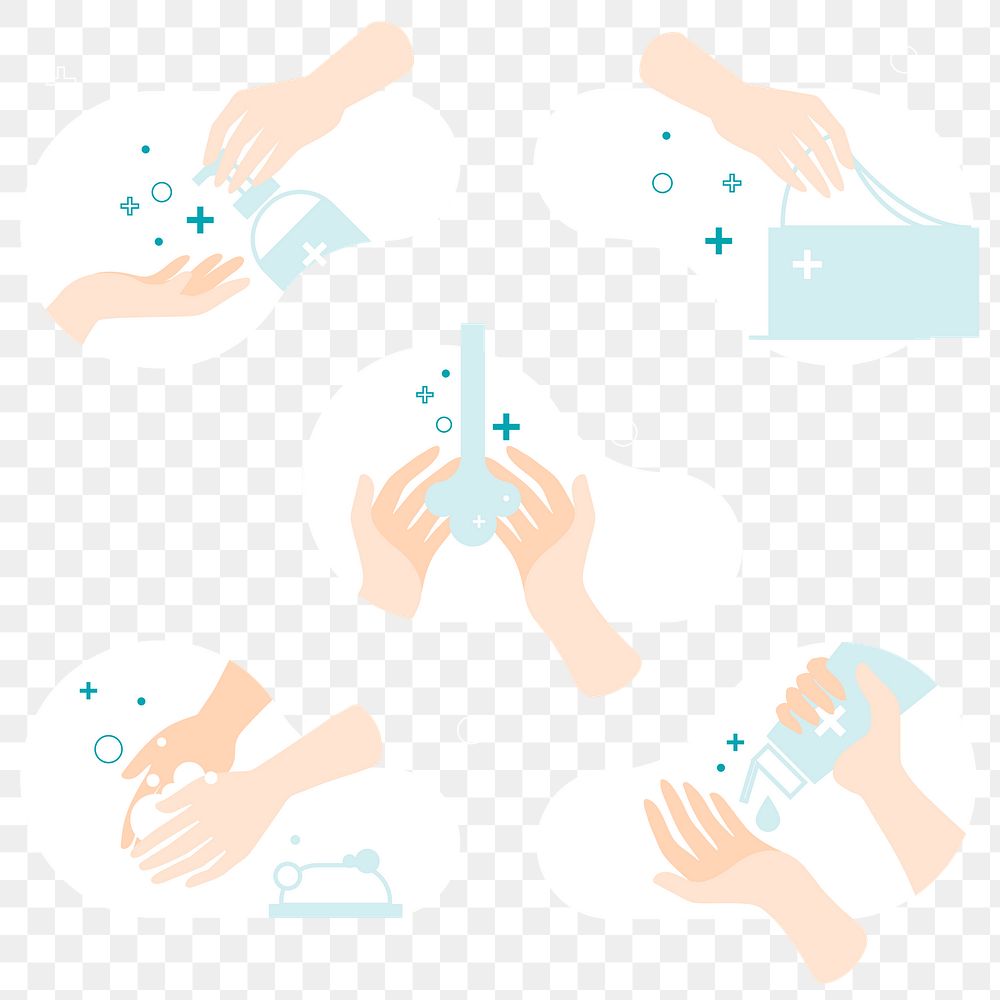 Cleaning hands with soap, sanitizer gel, and tissue to prevent Coronavirus transparent png