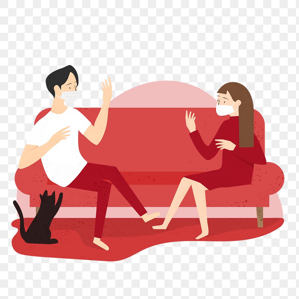 Couple wearing masks and keeping a physical distance in their own home element transparent png