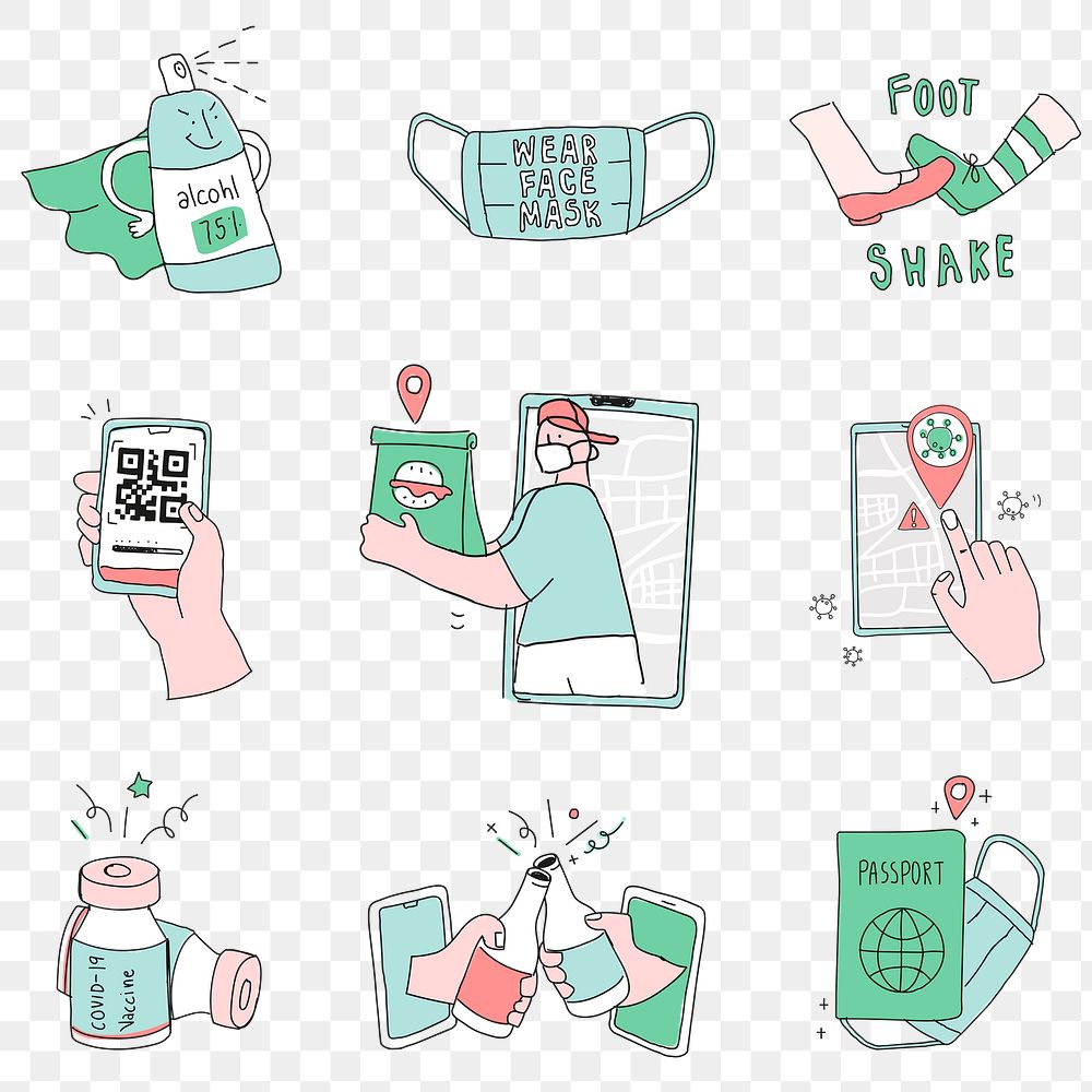 Cute COVID-19 social distancing png green doodle character set