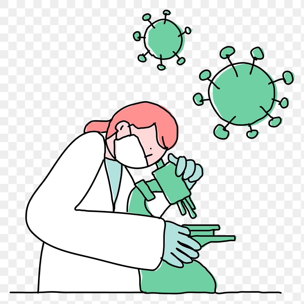 Covid 19 vaccine study png doodle illustration with scientist character