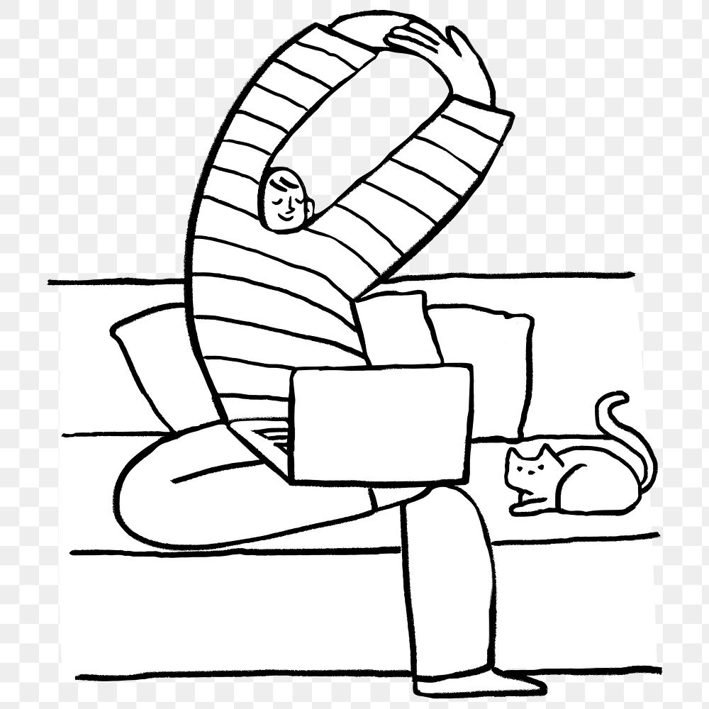 Man working from home with his cat sitting aside doodle element transparent png