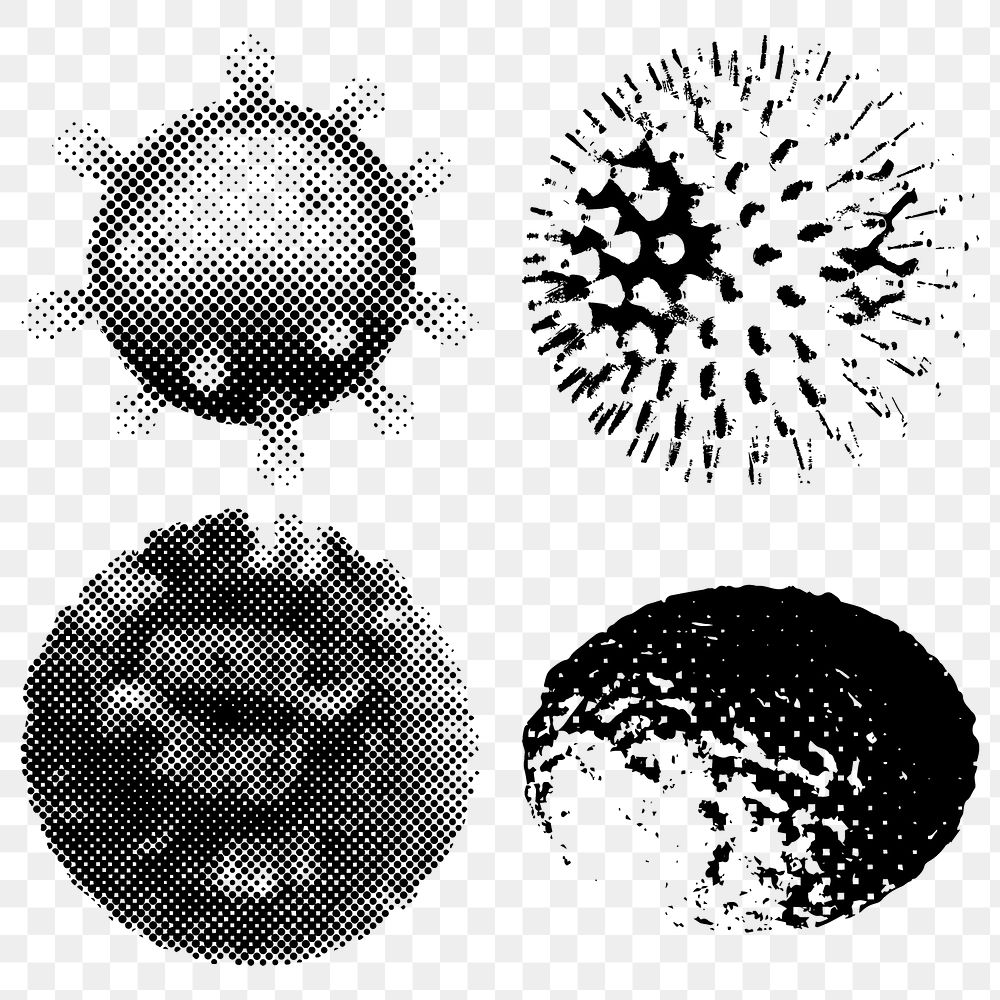 Black and white coronavirus cells under microscope design element set