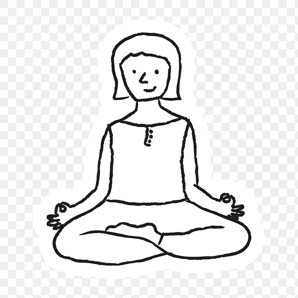Doodle woman meditating sticker with a white border design element