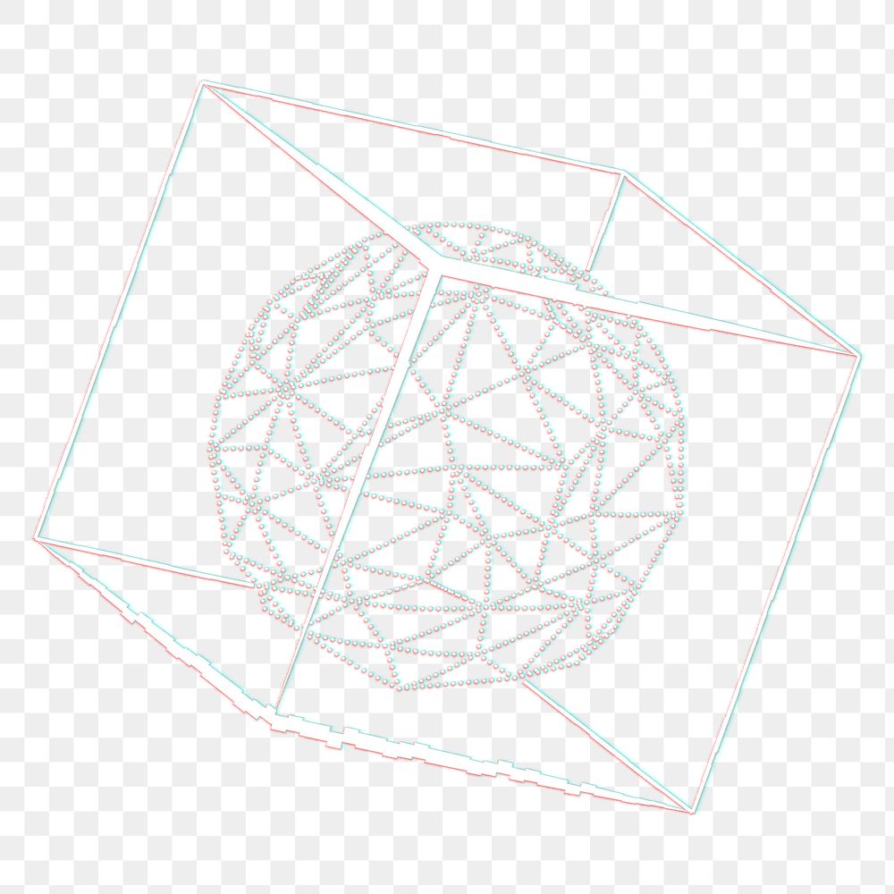 3D icosahedron in a cube with glitch effect design element 