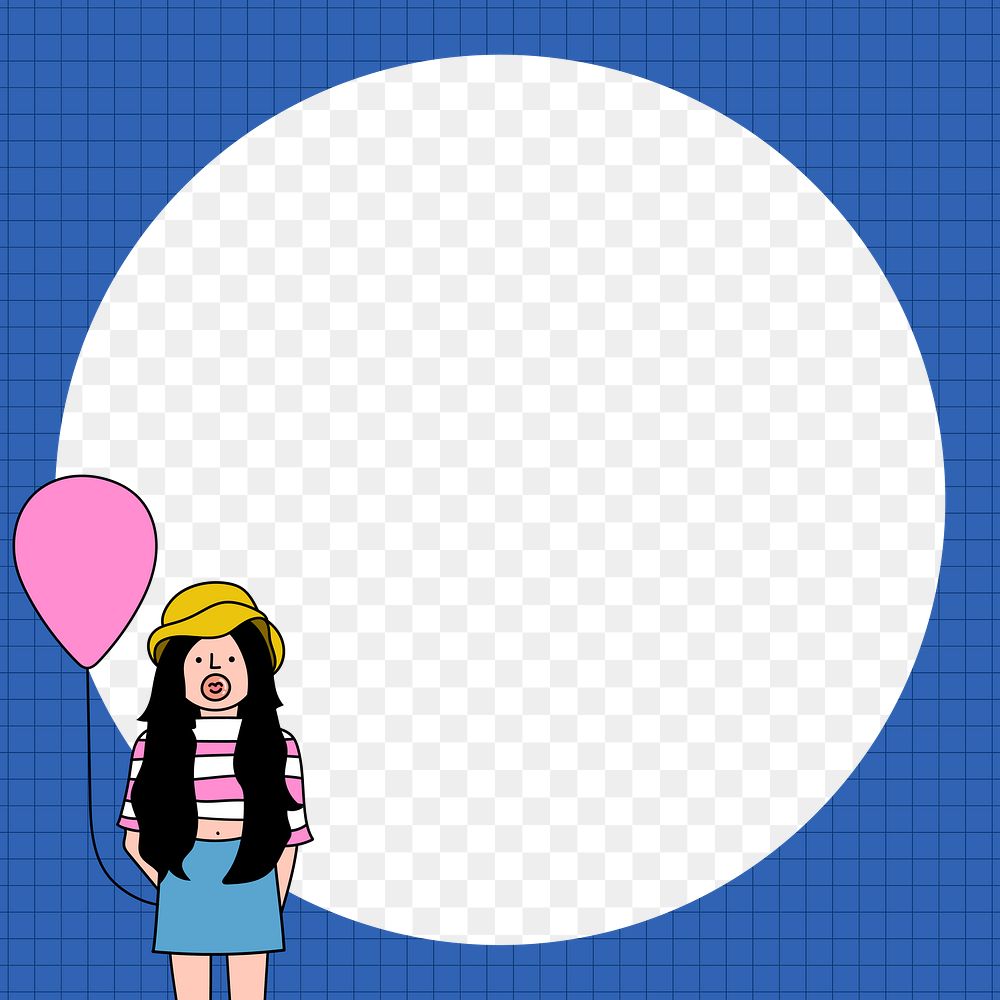 Girl blowing bubble gum and pink balloon frame