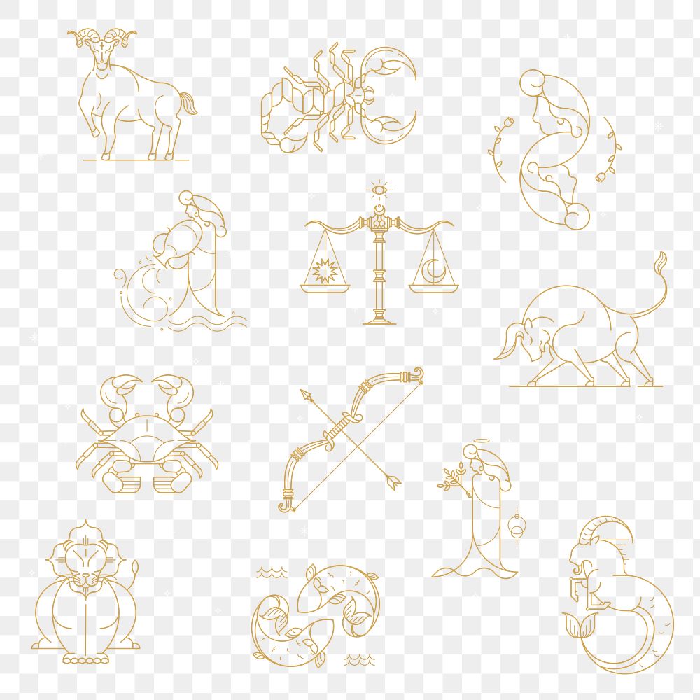 Golden zodiac signs design element set