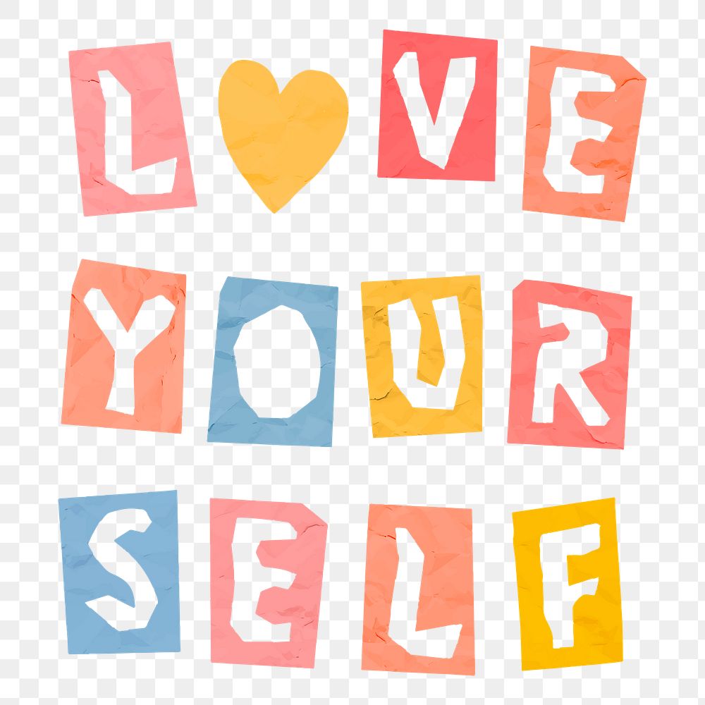 Paper cutout lettering LOVE YOURSELF phrase png colorful font typography 