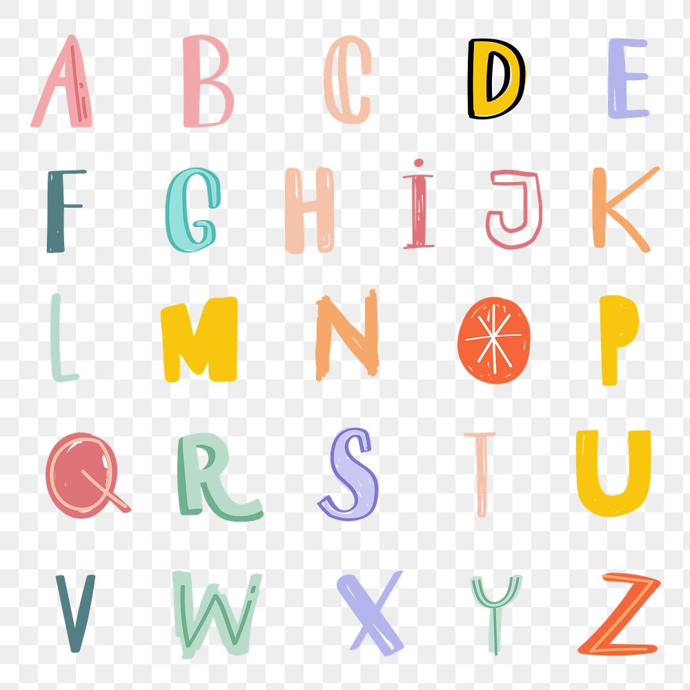 Hand drawn alphabet png doodle font typography set 