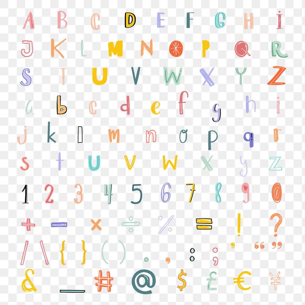 Png alphabet numbers punctuations doodle font pastel set