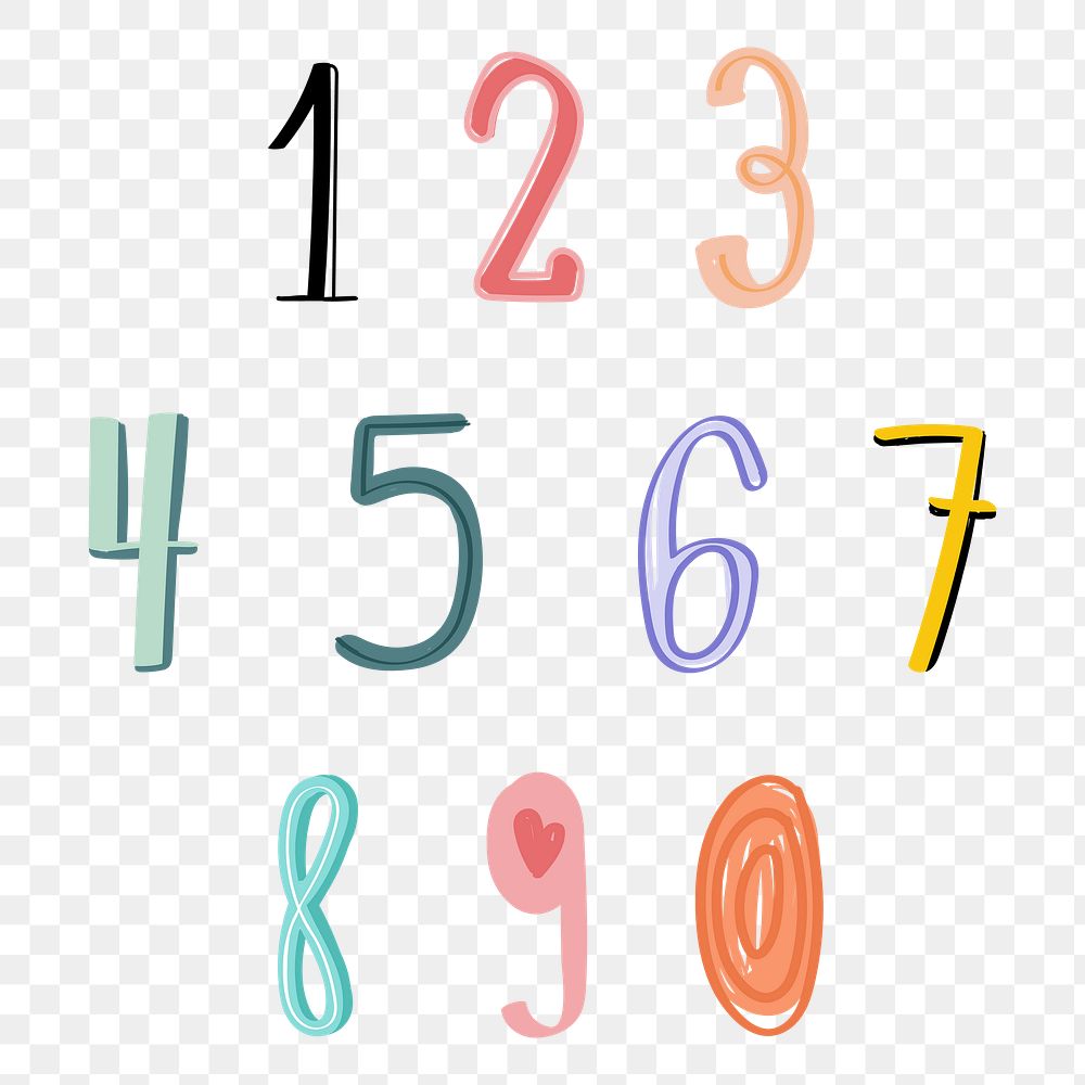 Pastel doodle png numerical word art set