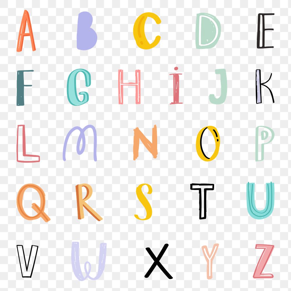 Alphabet png hand drawn doodle font typography set 