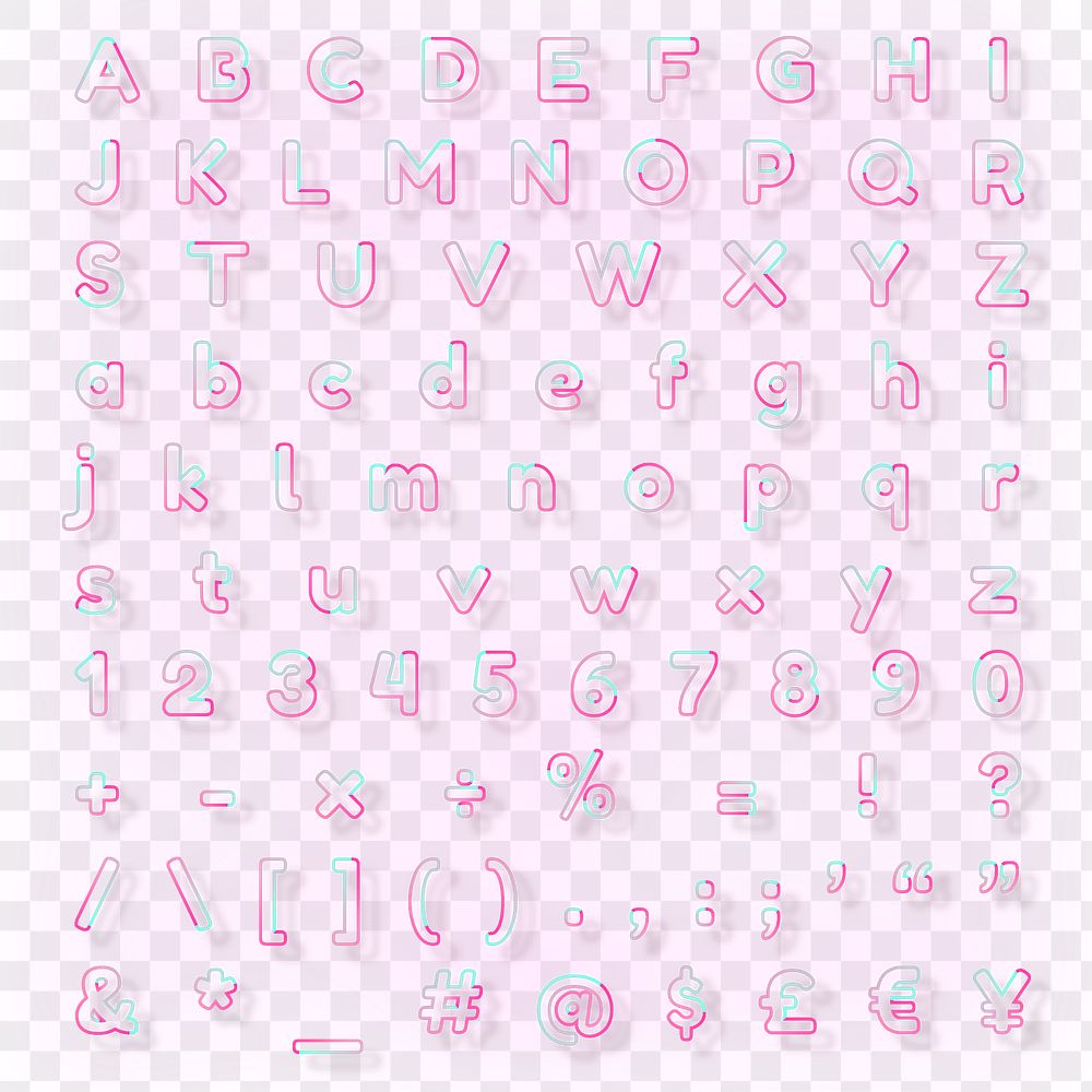Alphabets, punctuations, symbols png pink neon font typography set