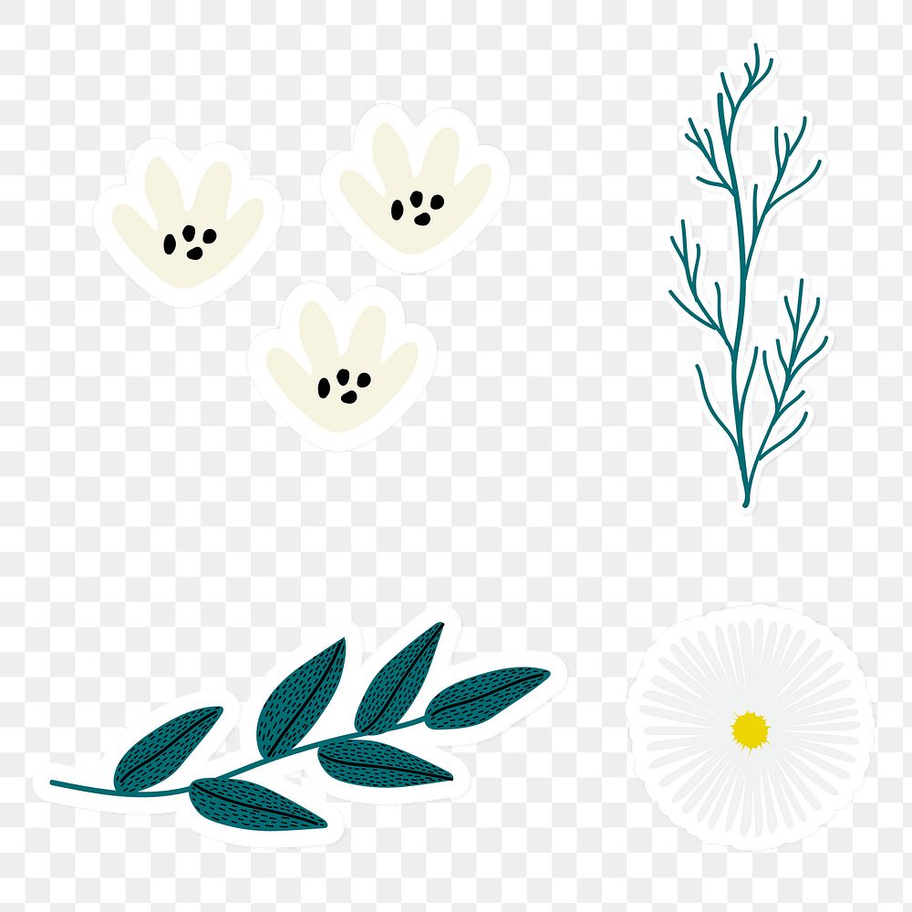 Set of flowers and leaves sticker doodle transparent png
