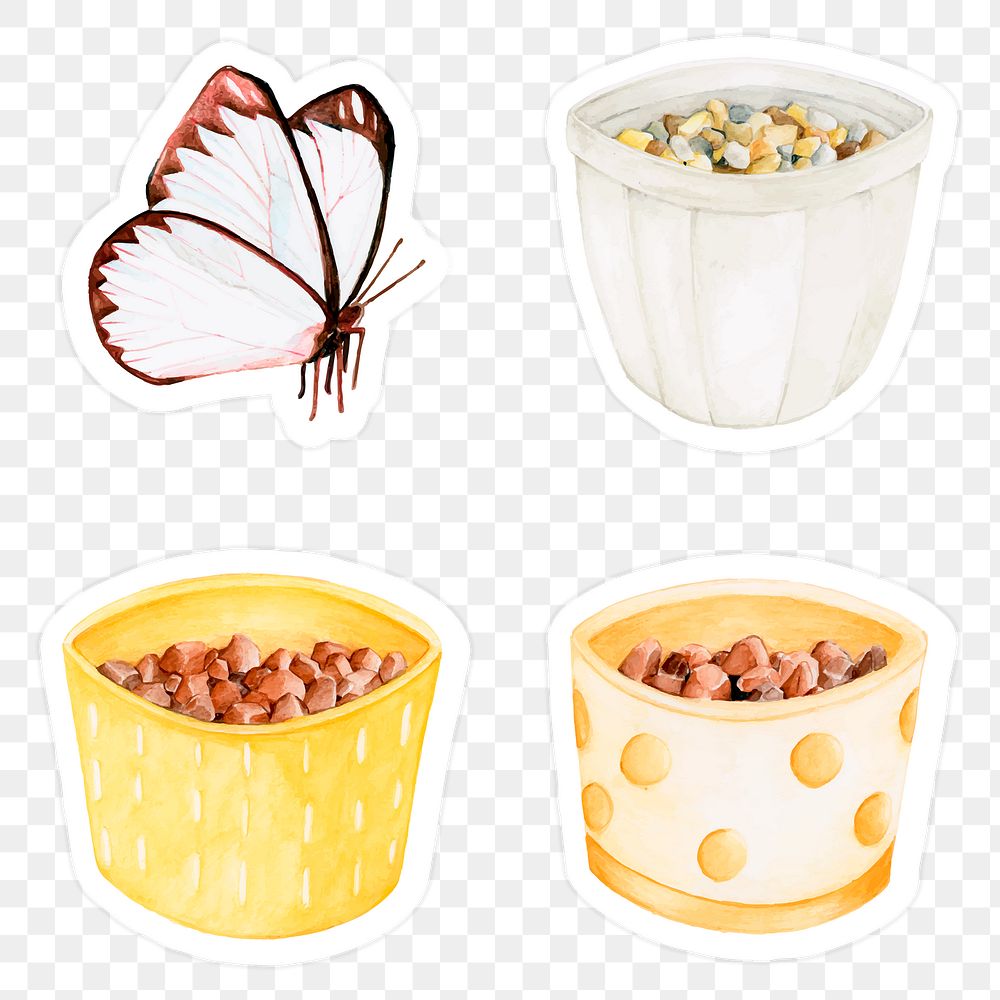 Butterfly and pebbles in pots watercolor sticker doodle transparent png