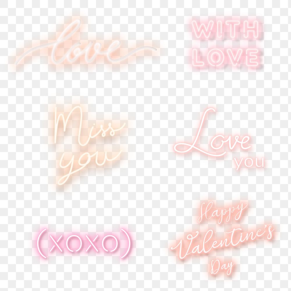 Collection of valentines day neon typography transparent png