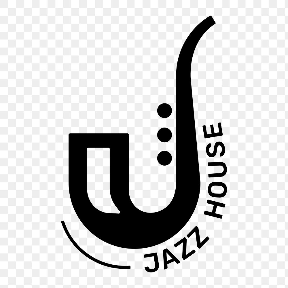 Saxophone png music logo minimal design with jazz house text in black