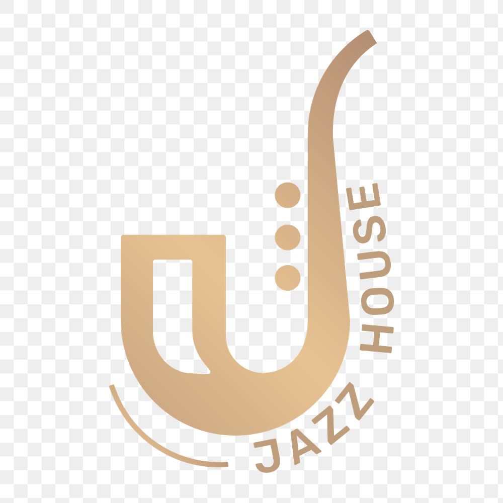 Saxophone png music logo minimal design with jazz house text in gold