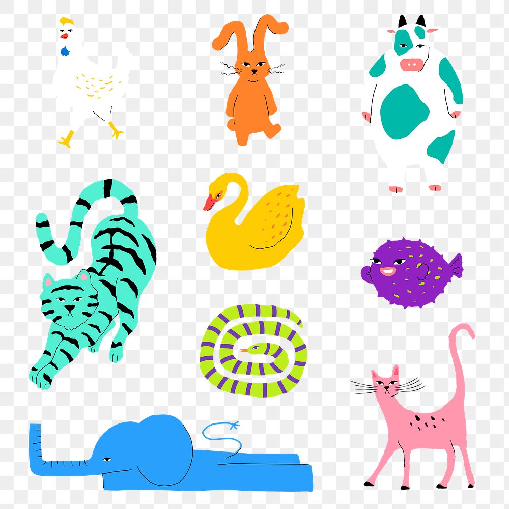 Png animal element with cute and colorful design set