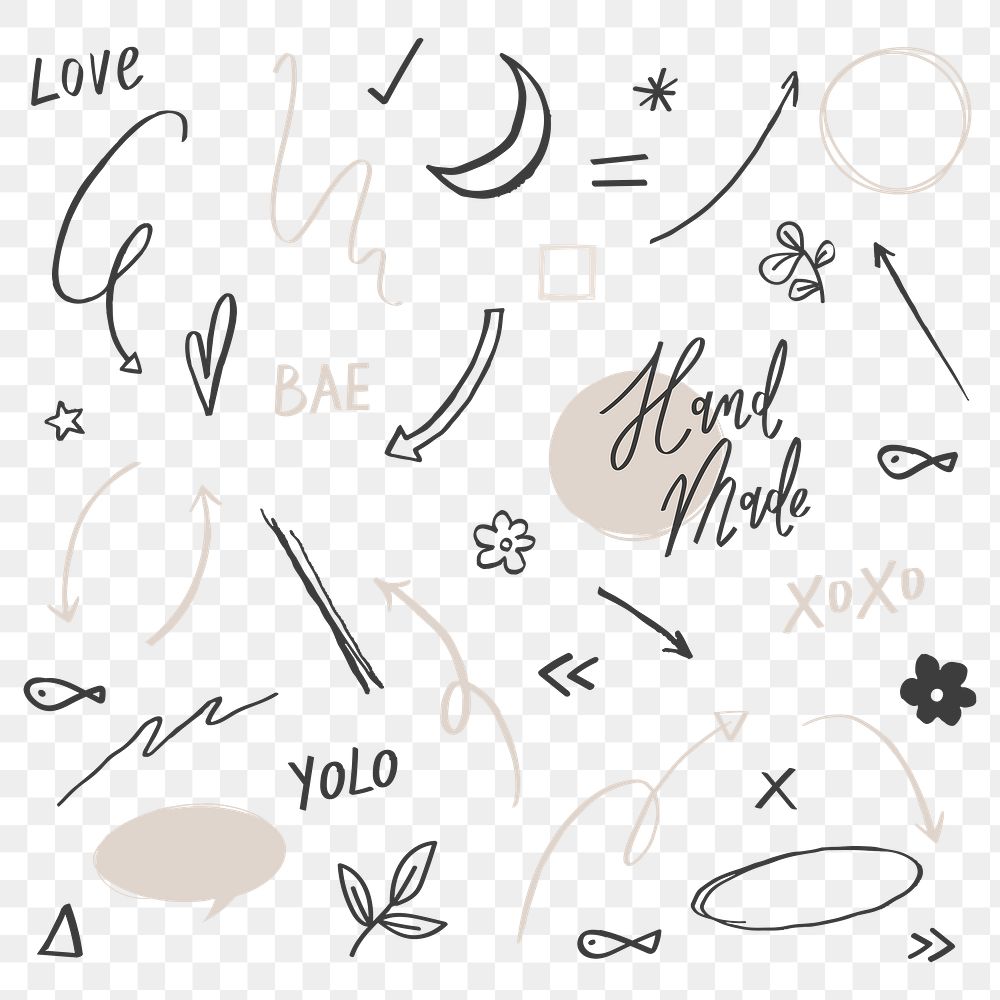 Cute doodle png set in black and gray sticker