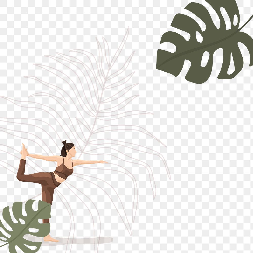 Monstera leaf png border frame with woman practicing yoga 