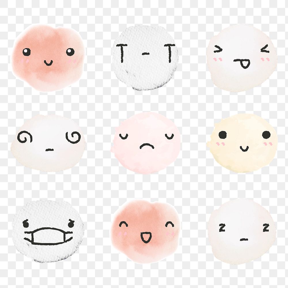 Sticker png cute watercolor emoticons with diverse feelings in doodle style collection