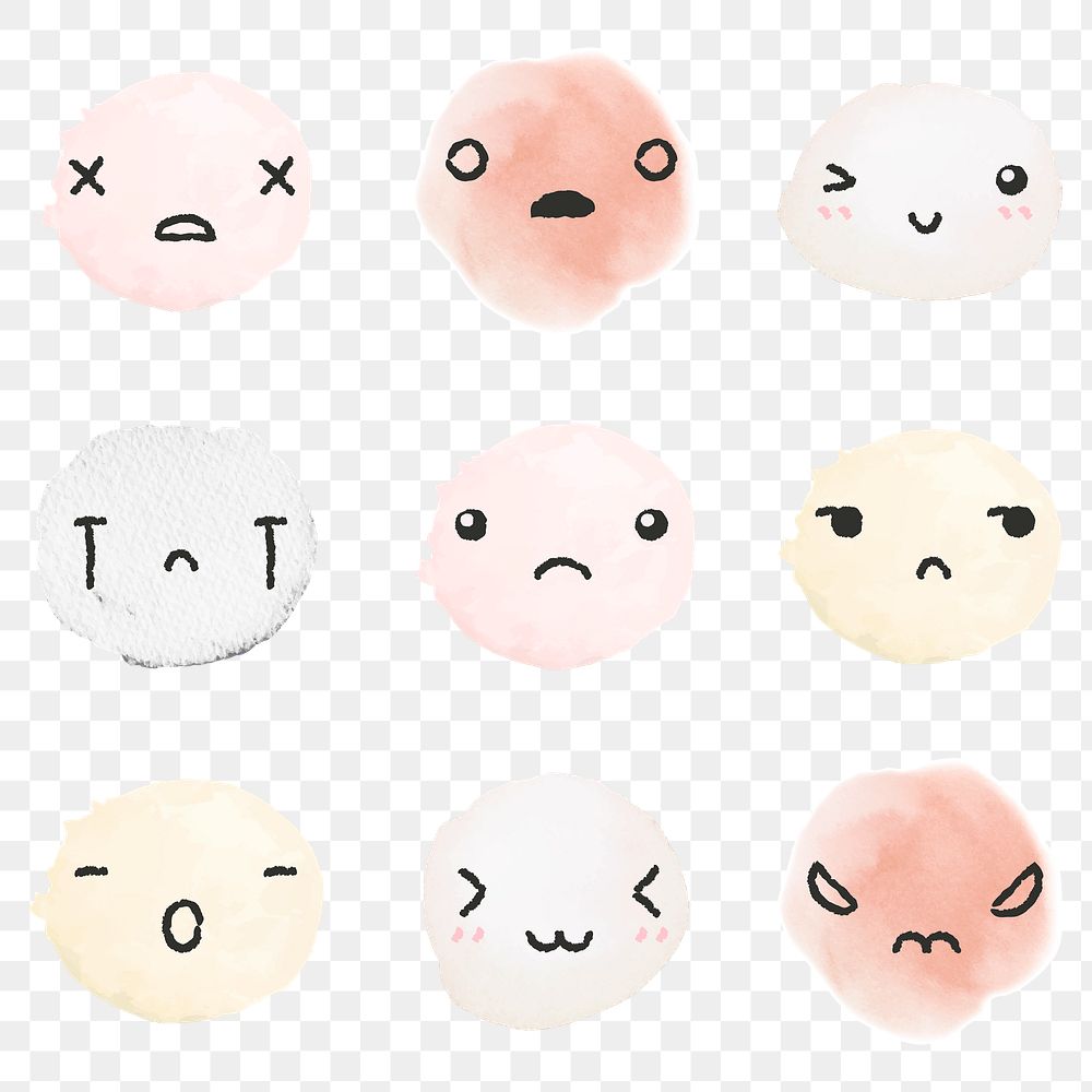 Sticker png cute watercolor emoticons with diverse feelings in doodle style set
