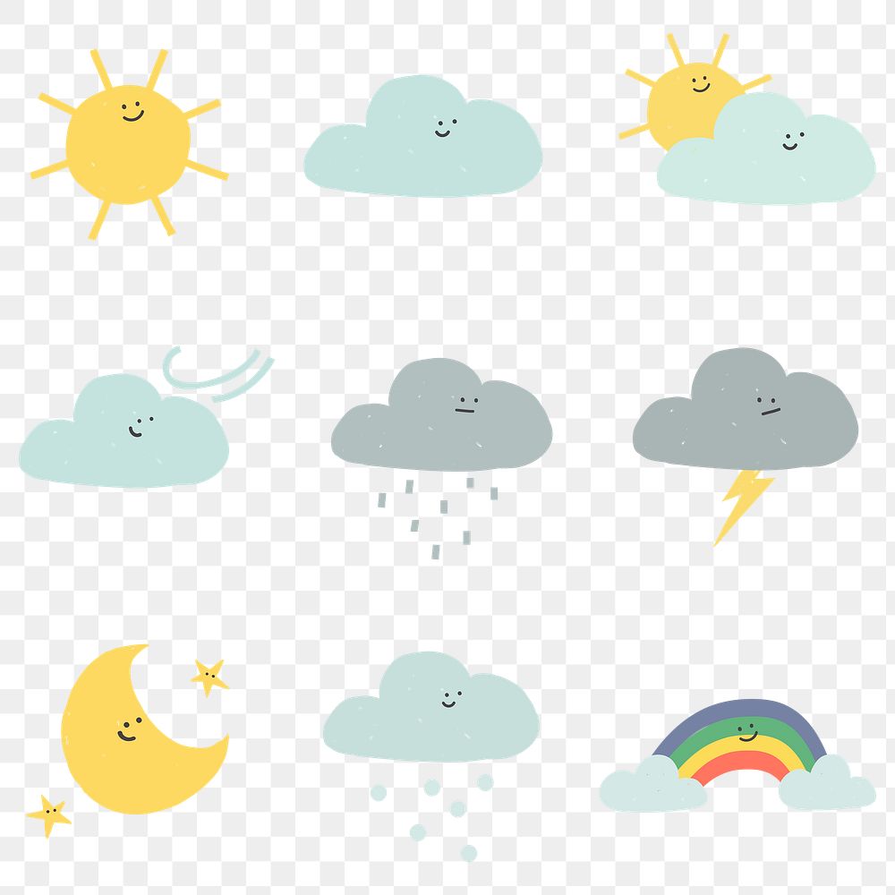 Clouds png weather forecast cute diary stickers set for kids