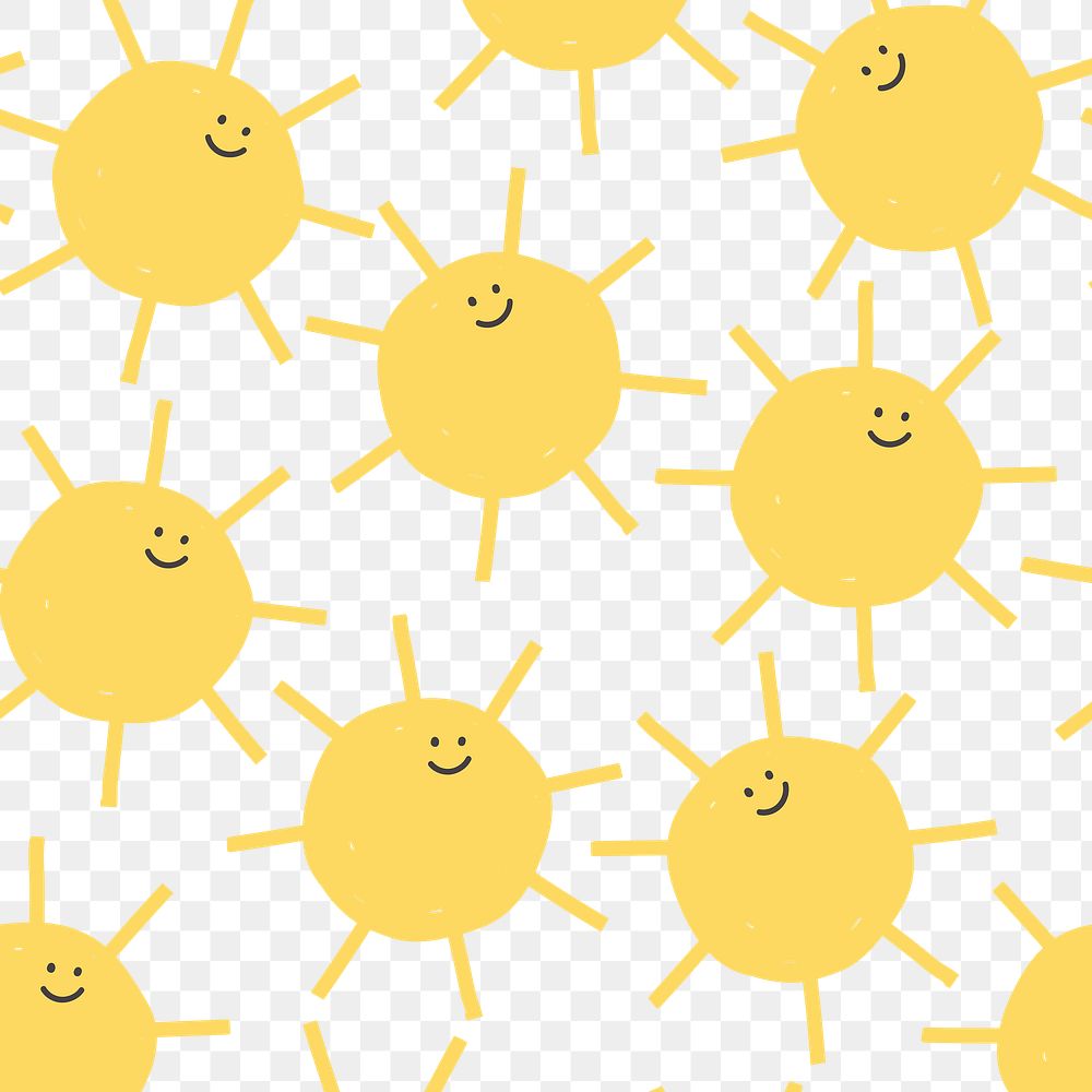 Sun png seamless pattern background with happy face in weather theme for kids