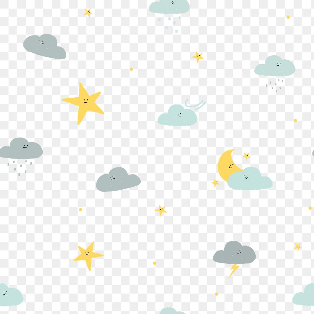 Png night time seamless pattern background doodle clouds and star for kids