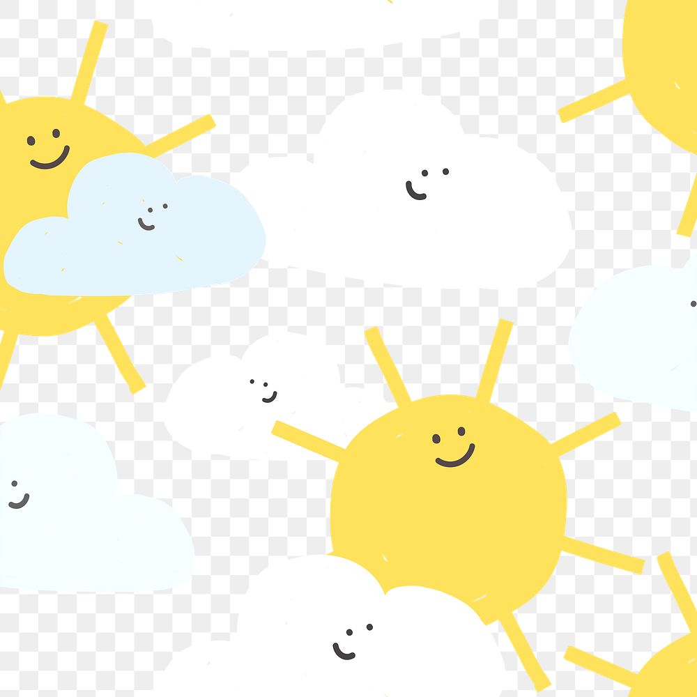 Png happy weather seamless pattern background doodle clouds and sun for kids