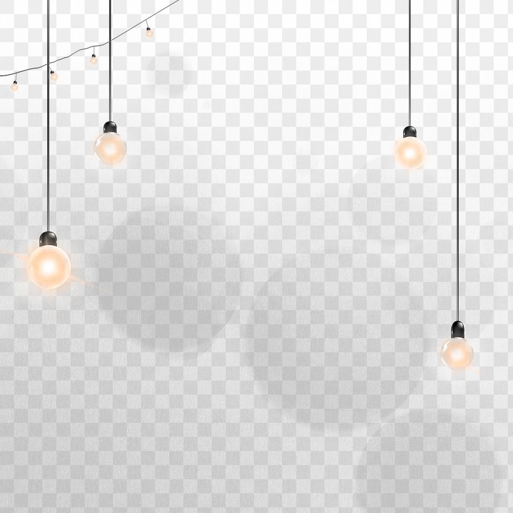 Png glowing string lights border hanging light bulbs with transparent background