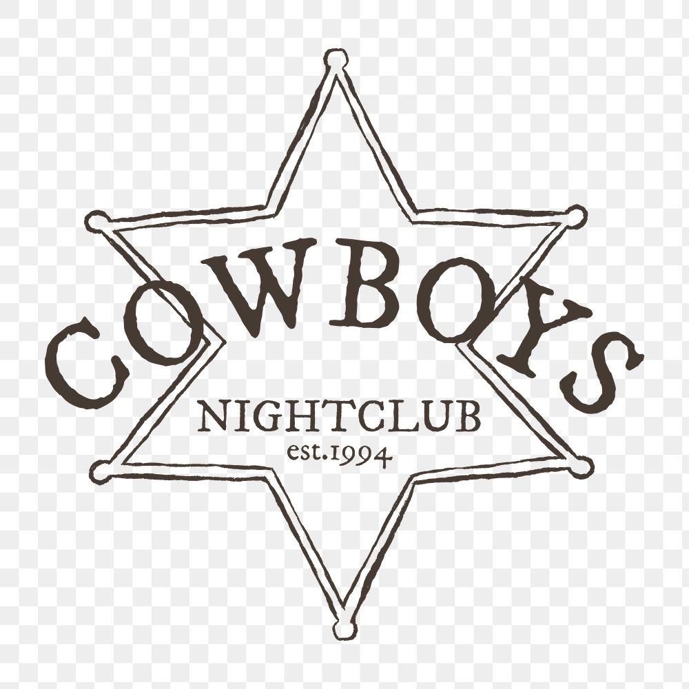 Png vintage sheriff badge logo hand drawn illustration in wild west theme, cowboys nightclub 