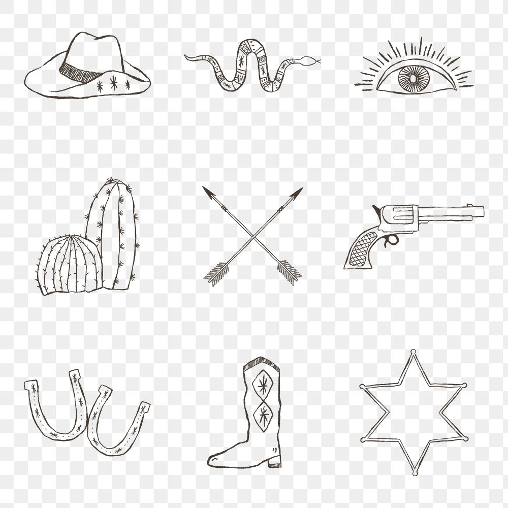 Png cowboy themed logo hand drawn illustration collection