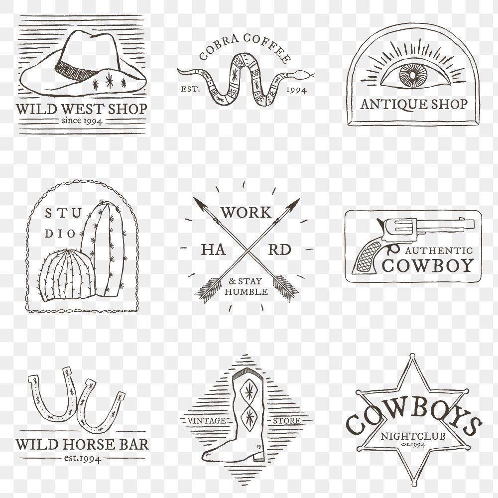 Png cowboy themed logo hand drawn illustration collection