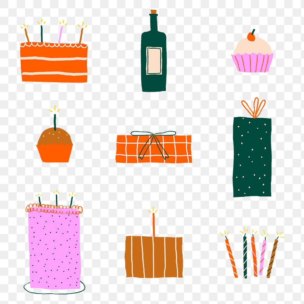 Birthday png stickers colorful cute doodle set