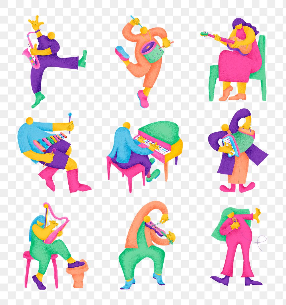 Musicians png sticker colorful flat graphic set