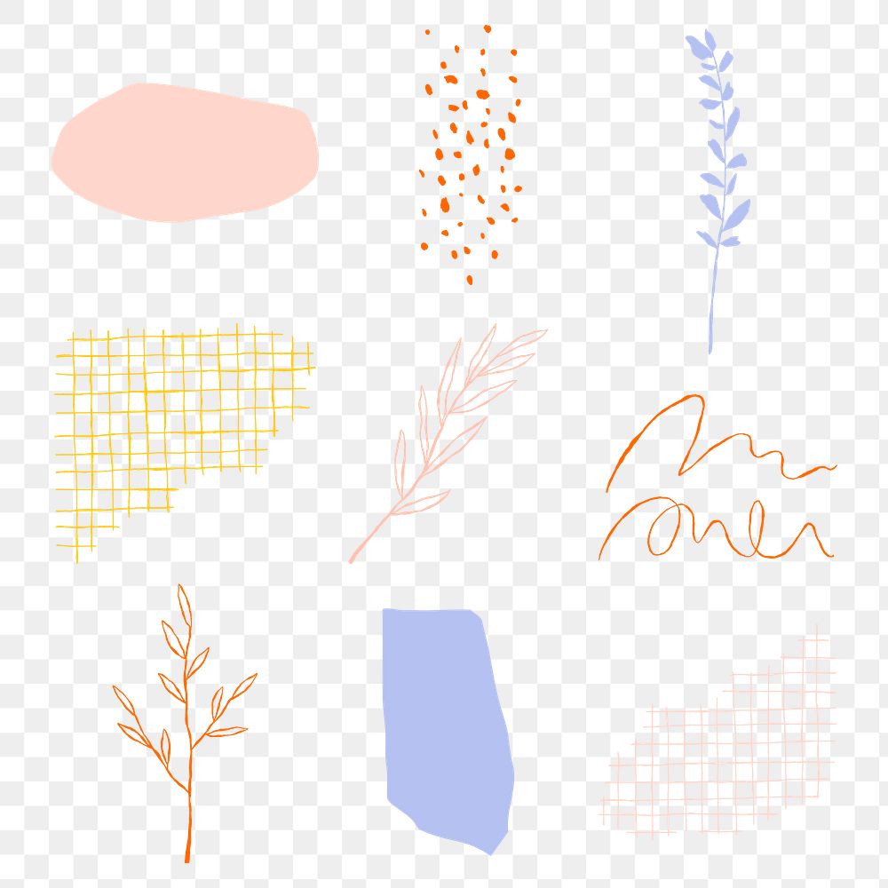 Png botanical leaves aesthetic doodle elements set