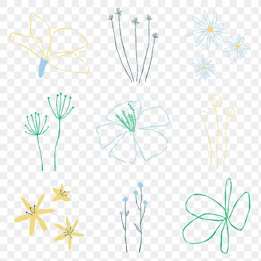 Png botanical leaves aesthetic doodle elements set