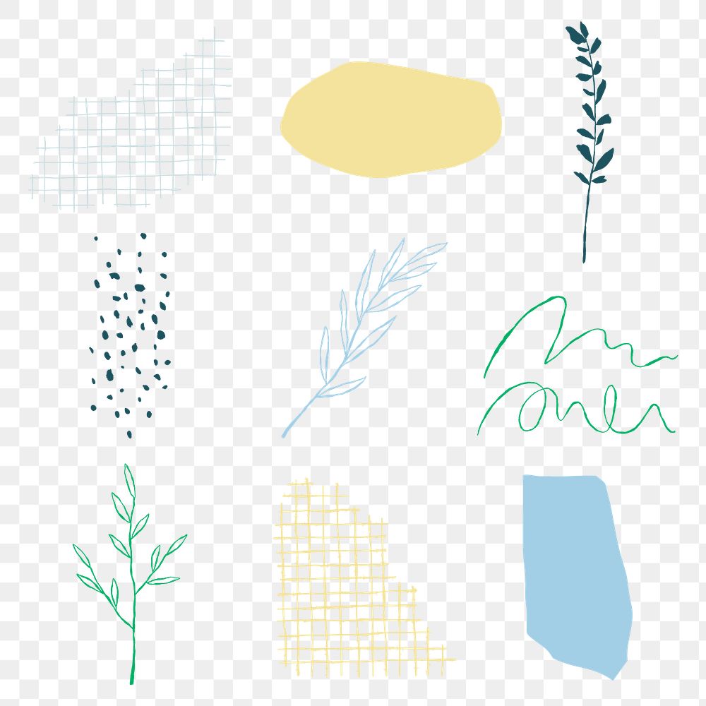 Png botanical leaves aesthetic doodle elements set