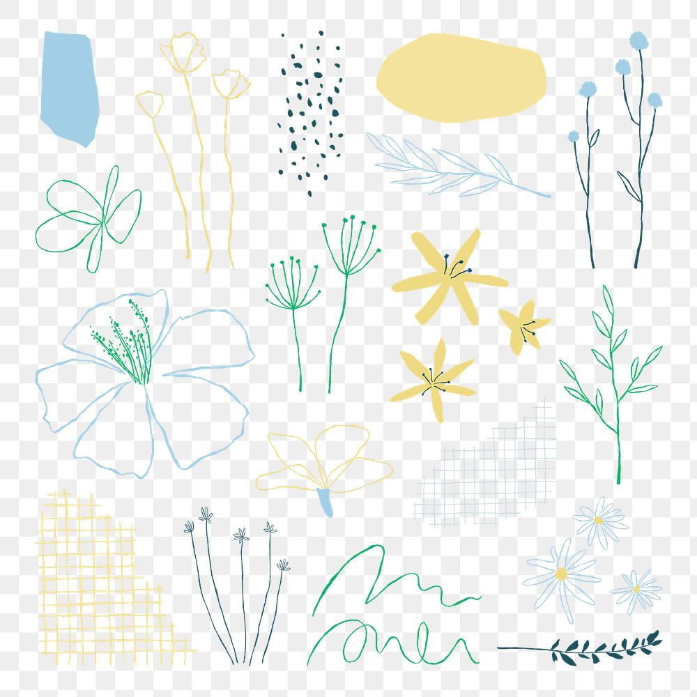 Png botanical leaves aesthetic doodle elements set