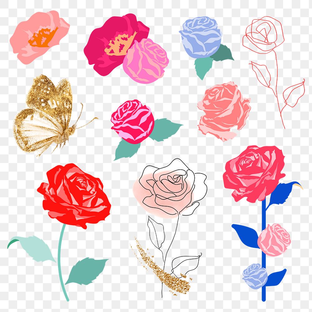 Colorful roses png spring floral diary sticker set