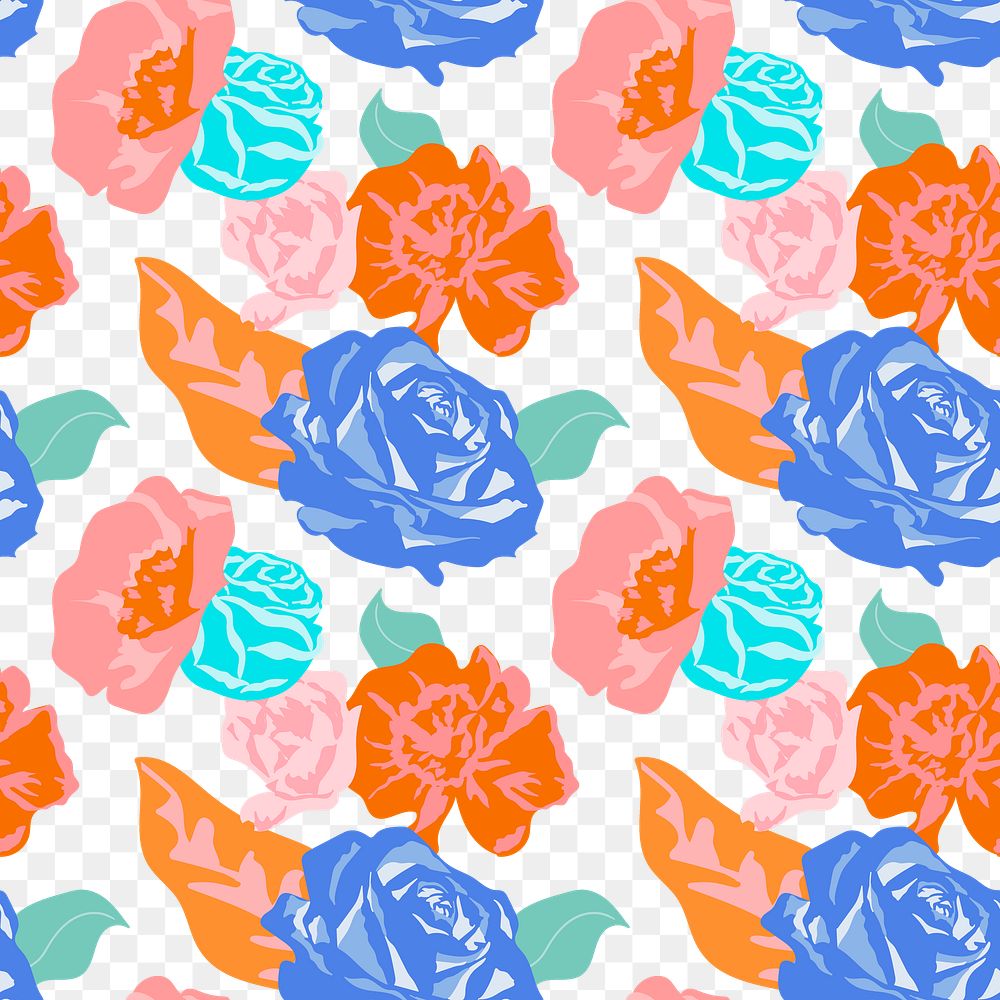 Spring floral png pattern with blue roses colorful background