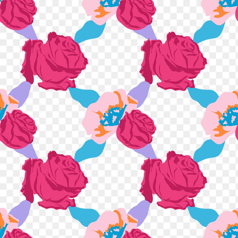 Spring floral png pattern with pink roses transparent background