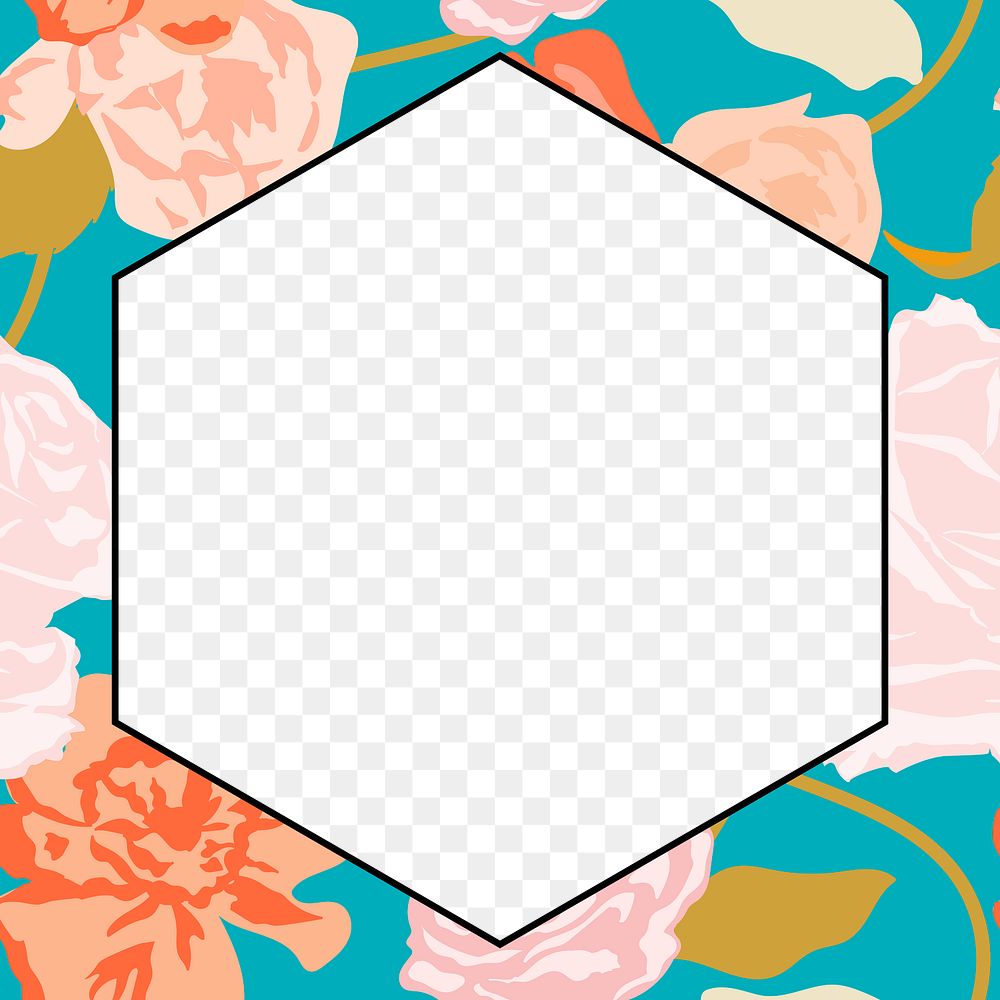 Roses png green floral frame hexagon shape on transparent background