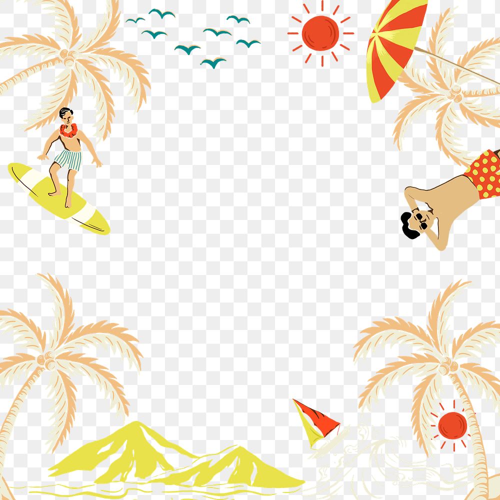 Tropical island png frame with tourist cartoon illustration