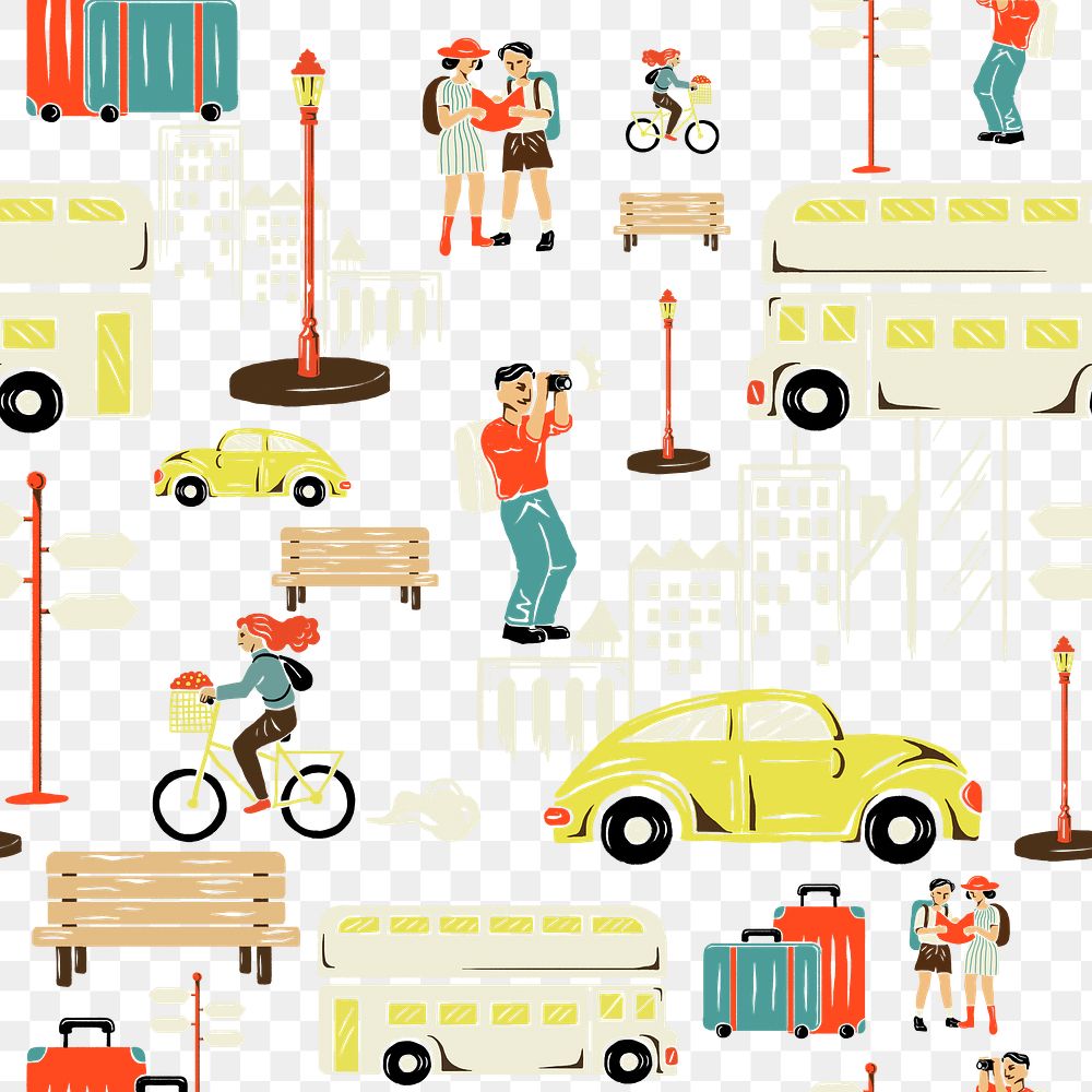 Retro City tour png cartoon pattern in travel theme