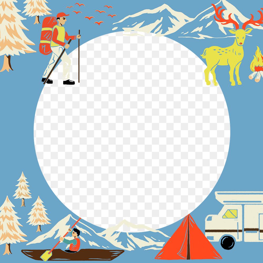Camping trip png blue frame in circle shape with colorful tourist cartoon illustration