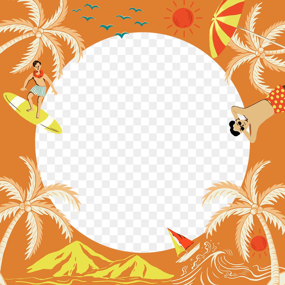 Tropical island png orange frame in circle shape with colorful tourist cartoon illustration