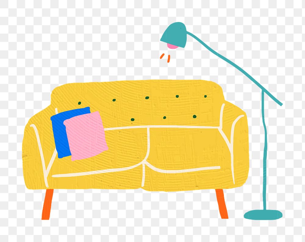 Hand drawn yellow sofa png furniture sticker in colorful flat graphic style